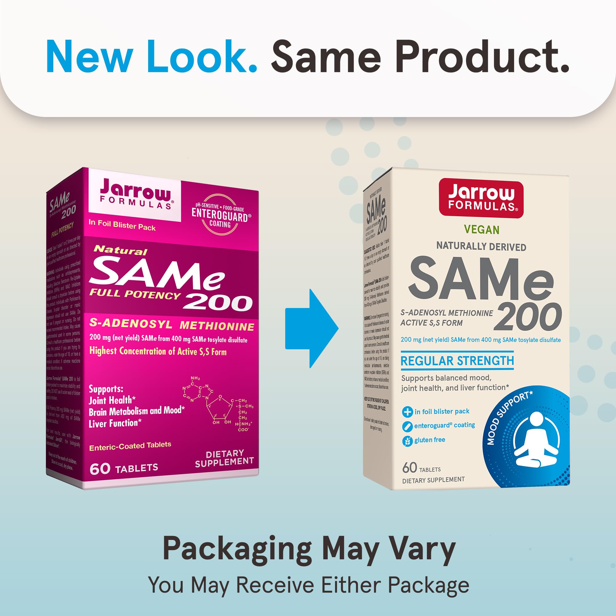 Closeup of SAMe 200 mg tablets for potential brain metabolism support.