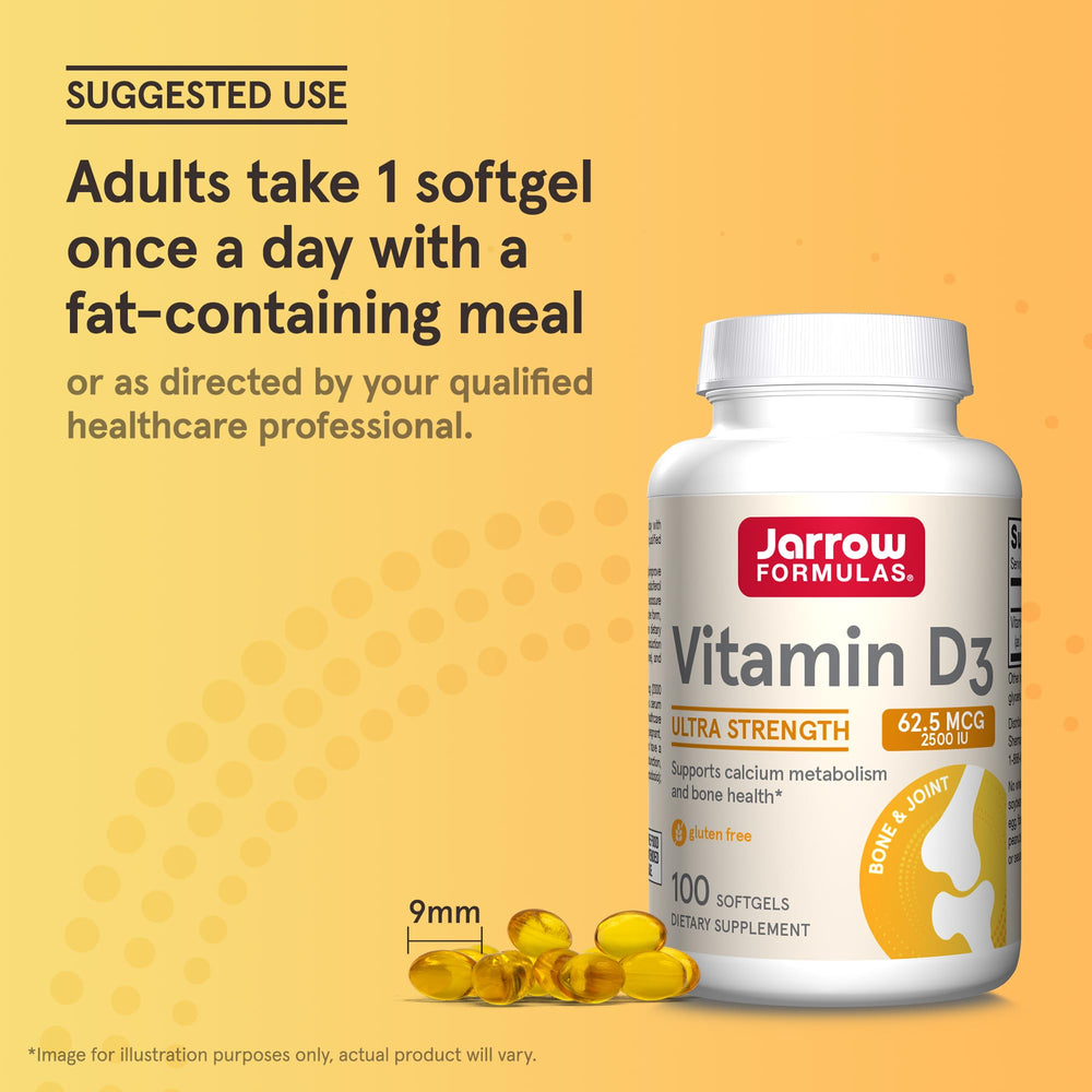 Jarrow Formulas Vitamin D3 bottle with measuring guide for easy daily use.