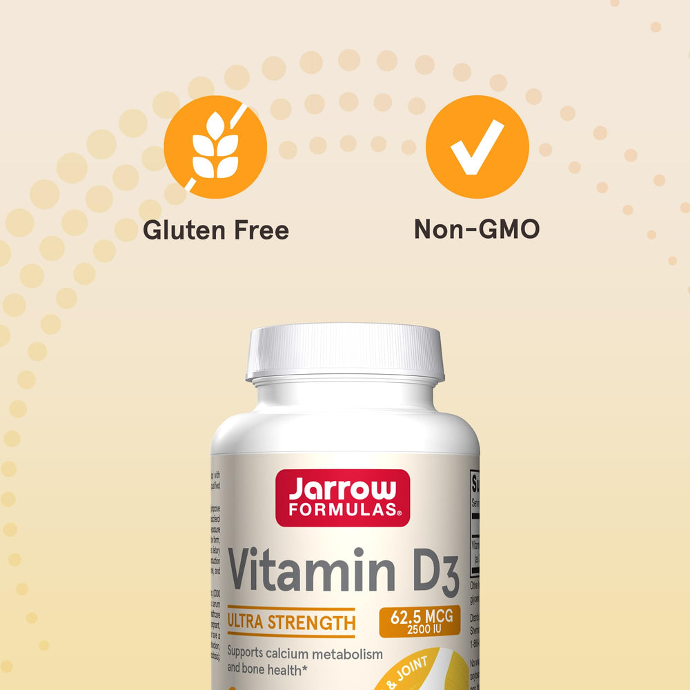 Jarrow Formulas Vitamin D3 gluten-free dairy-free label highlighting free-from ingredients.
