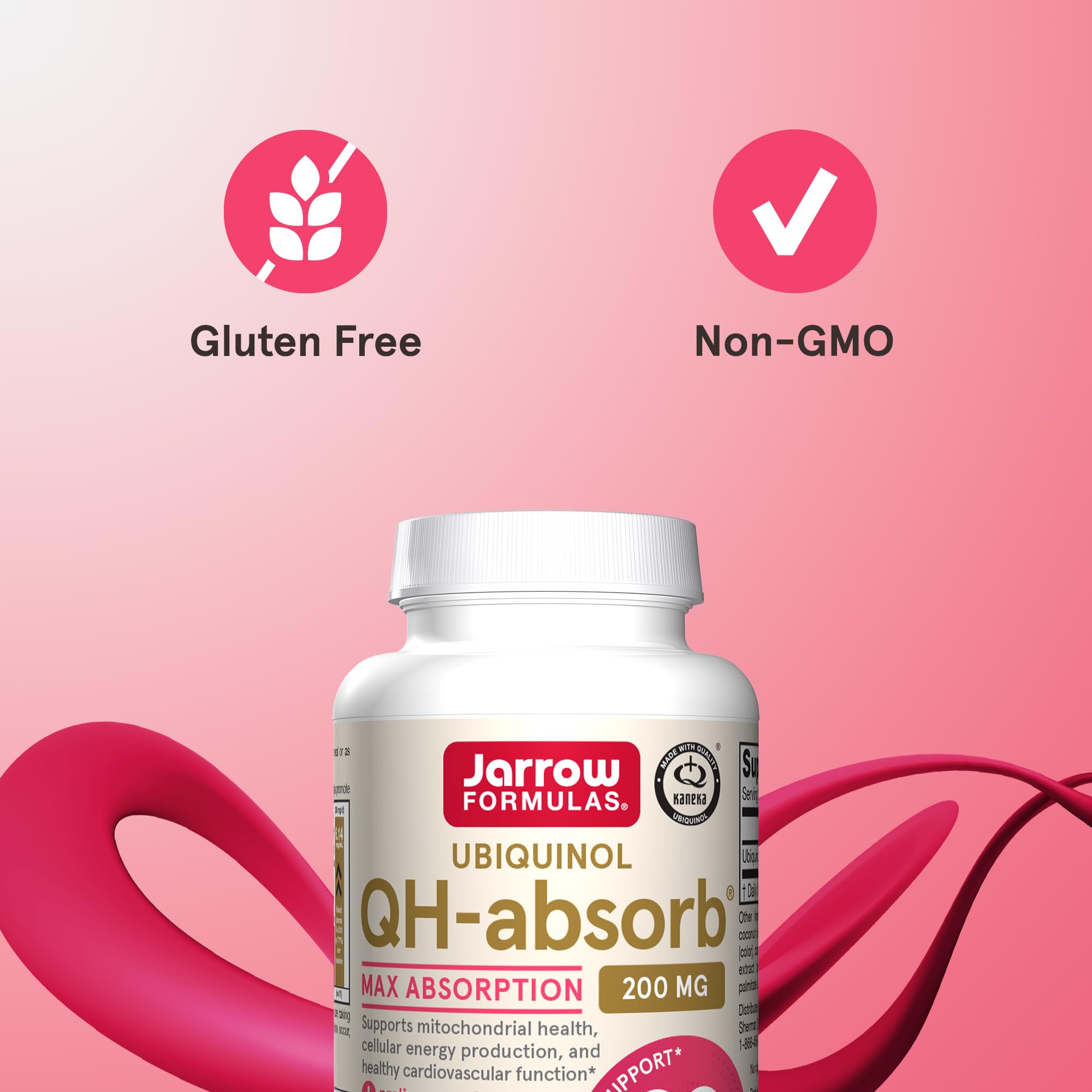 Jarrow QH-absorb capsule closeup shows smooth, easy-to-swallow softgels