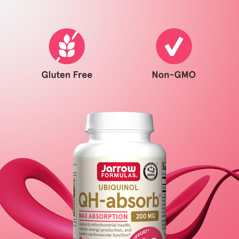 Jarrow QH-absorb capsule closeup shows smooth, easy-to-swallow softgels