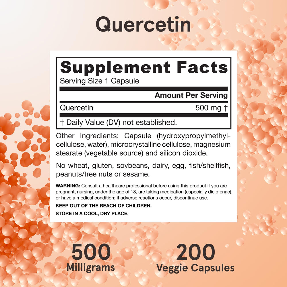 Quercetin gluten-free seal and non-GMO label near bottle