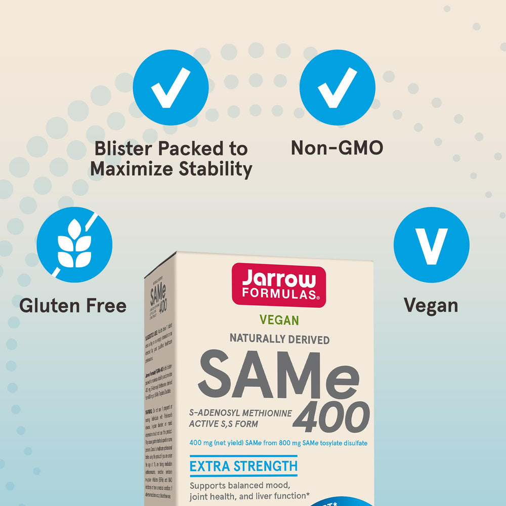 Jarrow Formulas SAM-e enteric-coated tablet designed for stable bioavailability