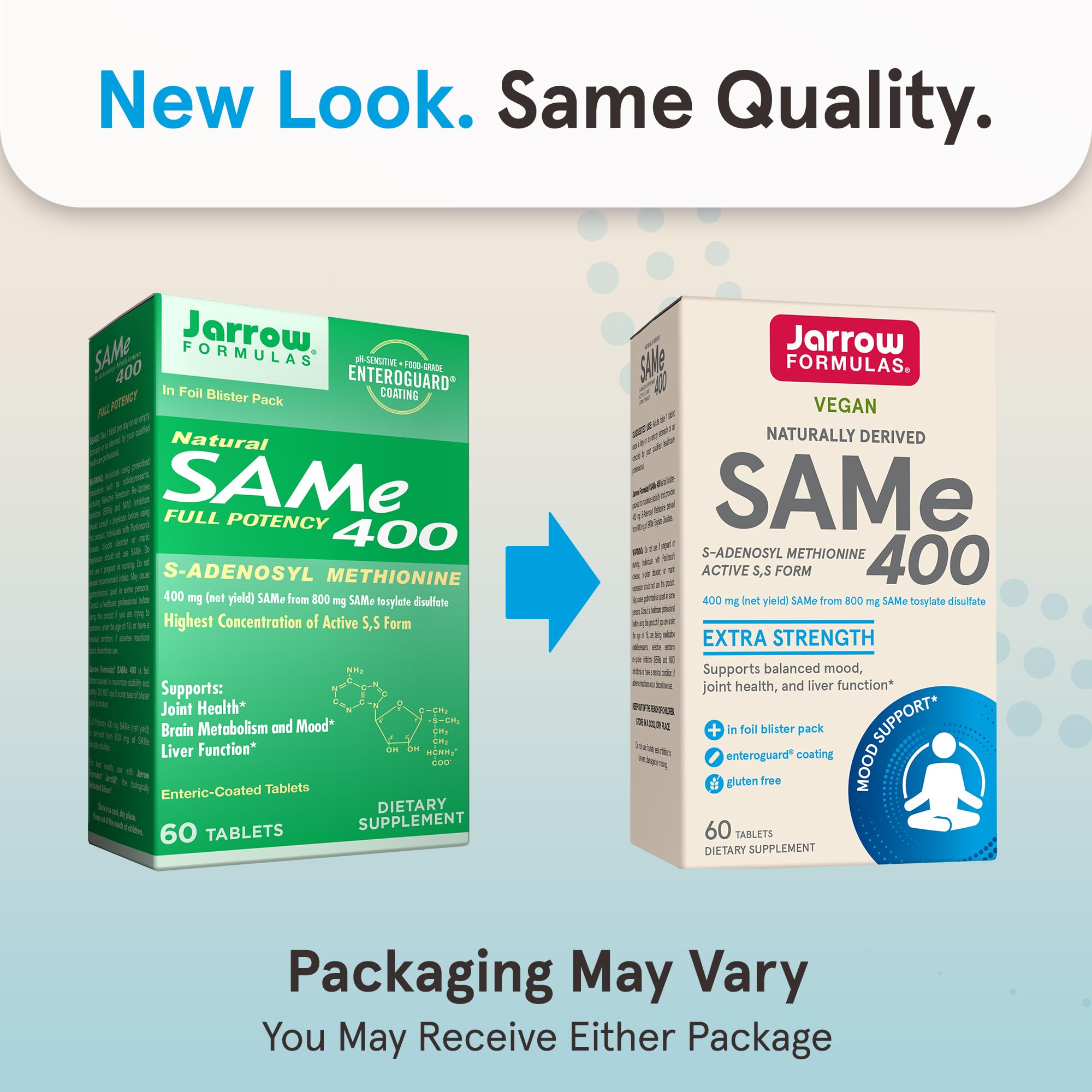 Jarrow Formulas SAM-e 400 mg tablet back view with dosage notes