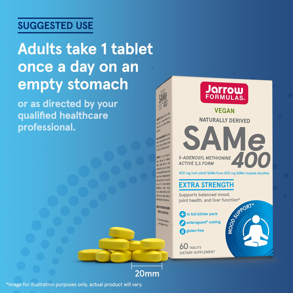 Jarrow Formulas SAM-e tablet resting on palm for daily use