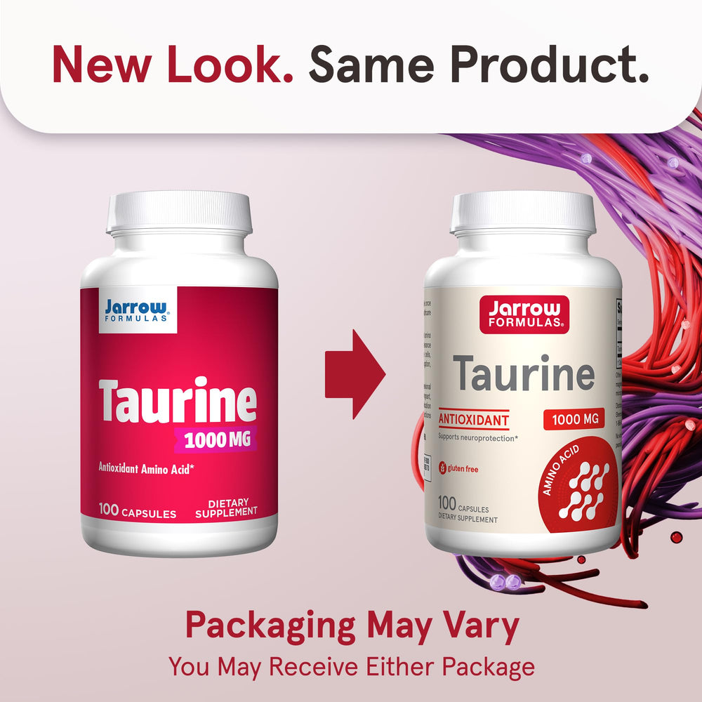 Jarrow Taurine capsules arranged to show dosage benefits for cognitive health