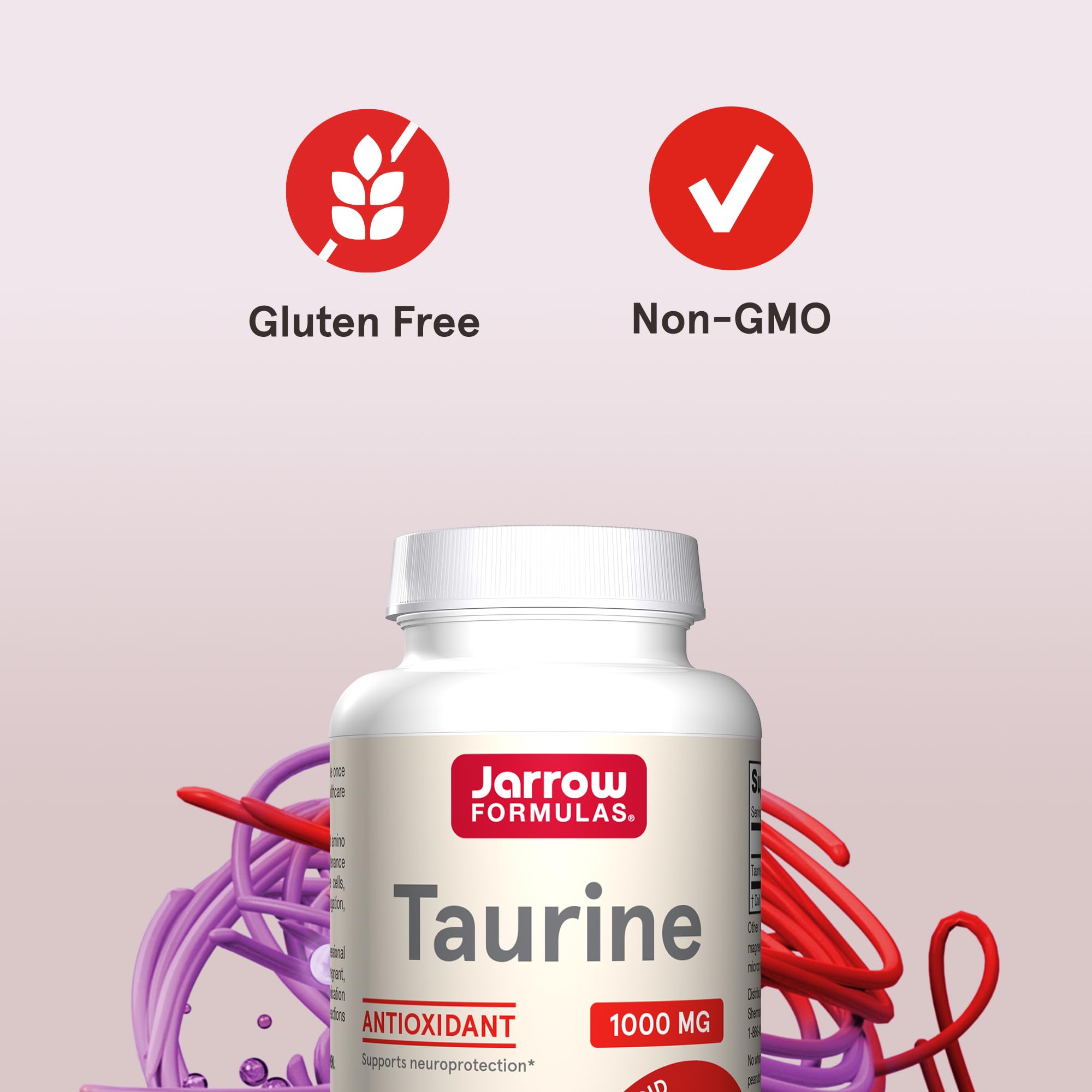 Jarrow Taurine supplements packaging showing pharmaceutical grade taurine