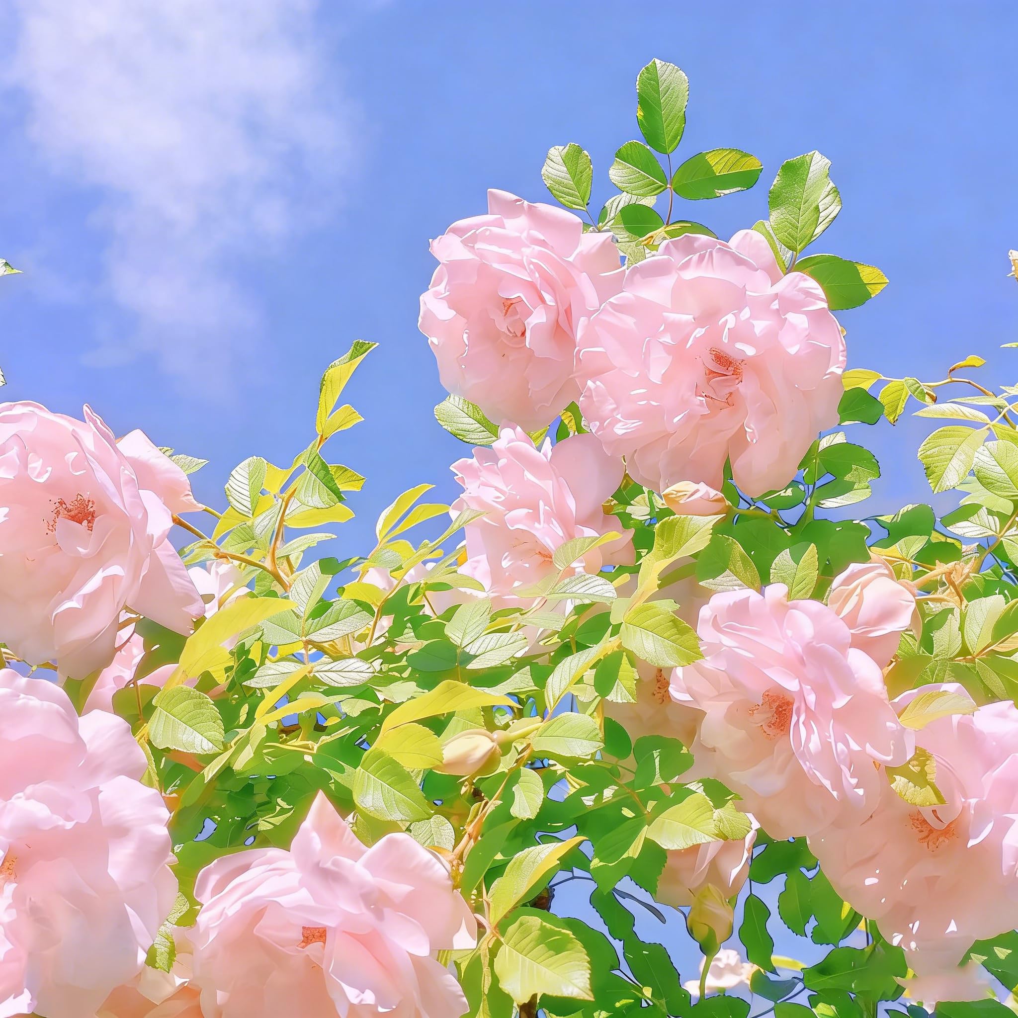 Fragrant white blossoms on a trellis in bright sunshine.