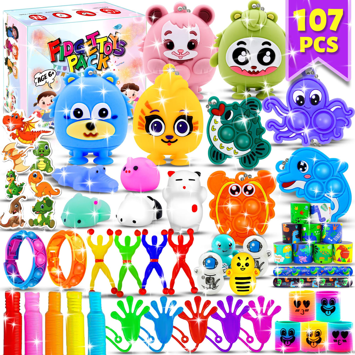 Jasny 107pcs party favors set with assorted fidget toys for celebrations.
