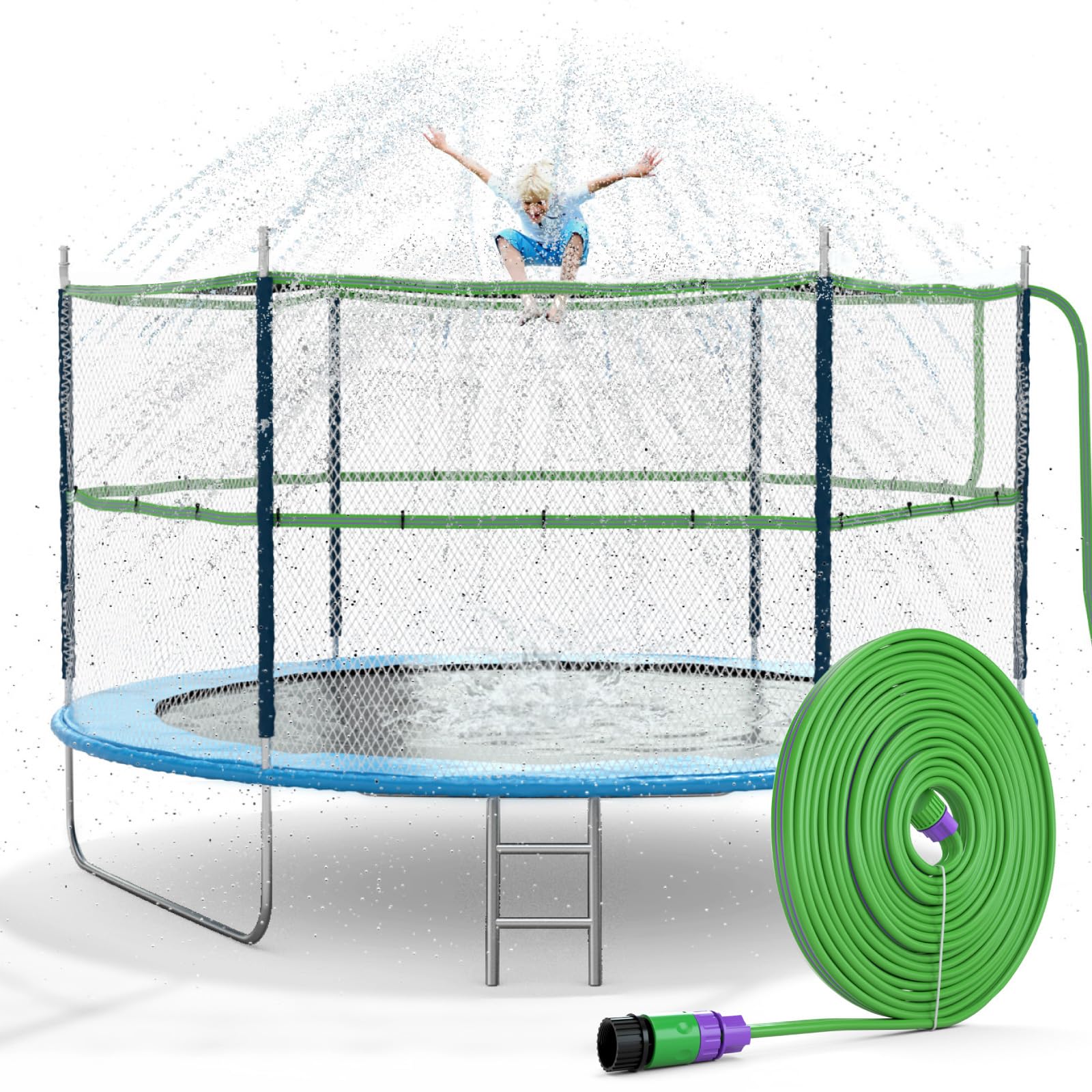 Jasonwell trampoline sprinkler waterpark setup for kids enjoying cooling mist.