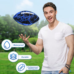 Jasonwell waterproof football caught mid-air in a pool, ideal for family fun.