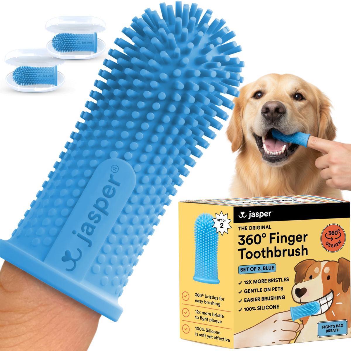 Jasper 360 dog toothbrush kit cleans all surfaces for healthier teeth.