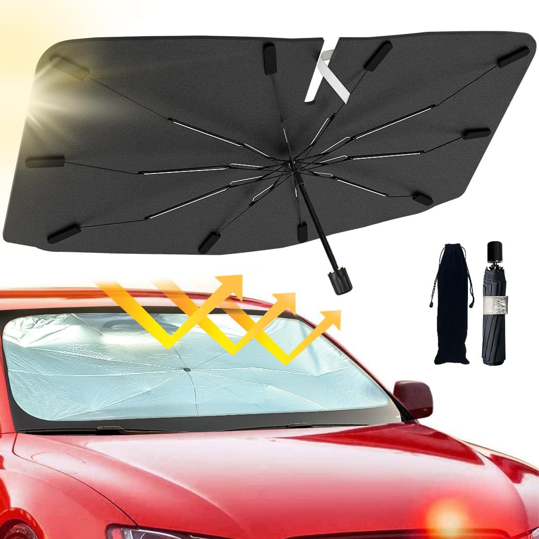 JASVIC windshield sun shade umbrella in action, blocking heat and UV for a cooler car interior.