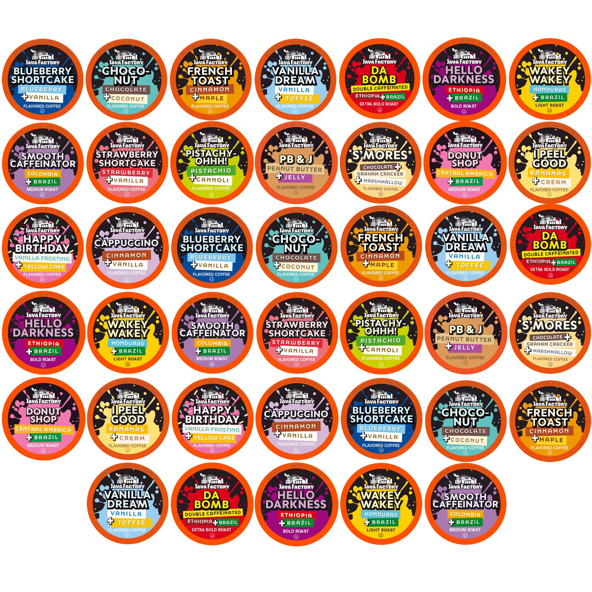 Java Factory assorted variety pack coffee pods for Keurig, quick flavorful mornings.