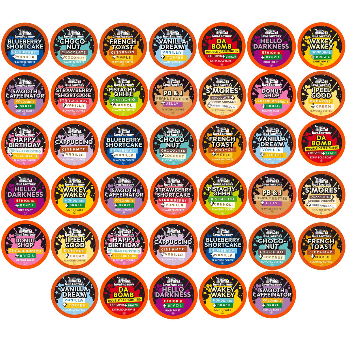Java Factory assorted variety pack coffee pods for Keurig, quick flavorful mornings.