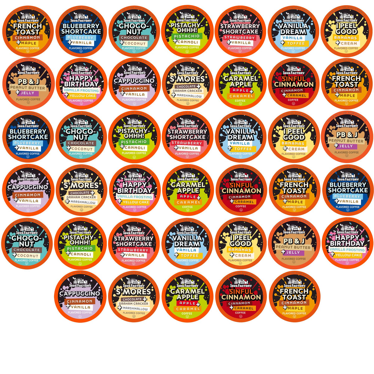 Java Factory Flavored Pods assorted sampler front box for easy flavor exploration.