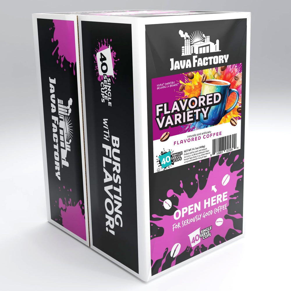 Java Factory Flavored Pods assorted sampler variety-pack display for home brewing.