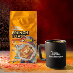 Steam rising from a cup of Java Factory French Toast coffee with cinnamon and maple notes