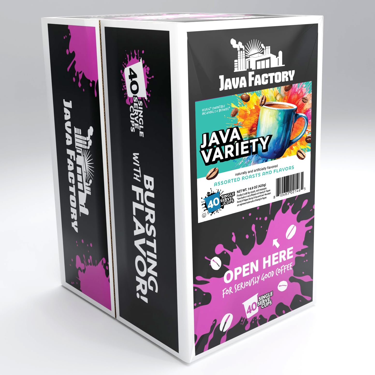 Java Factory Keurig-compatible pods brewing illustration for a fast cup.