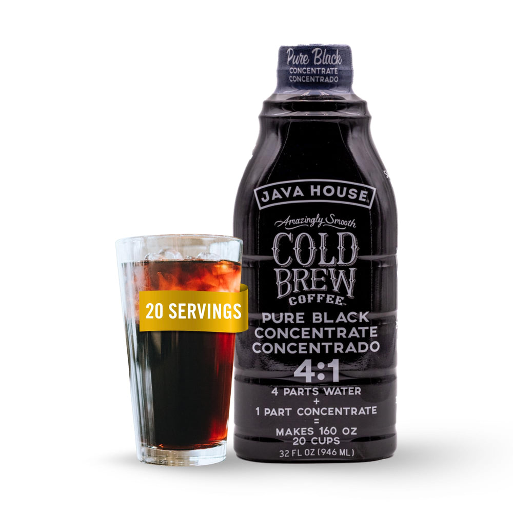 JAVA HOUSE Cold Brew bottle pour reveals bold color and smooth finish.