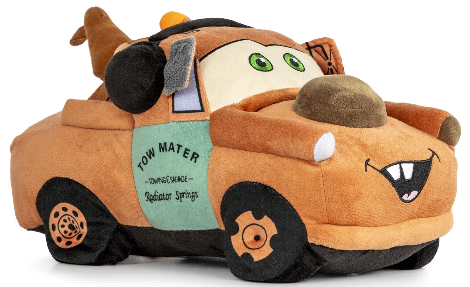 Jay Franco Tow Mater plush pillow buddy resting on a bed for cozy cuddling.