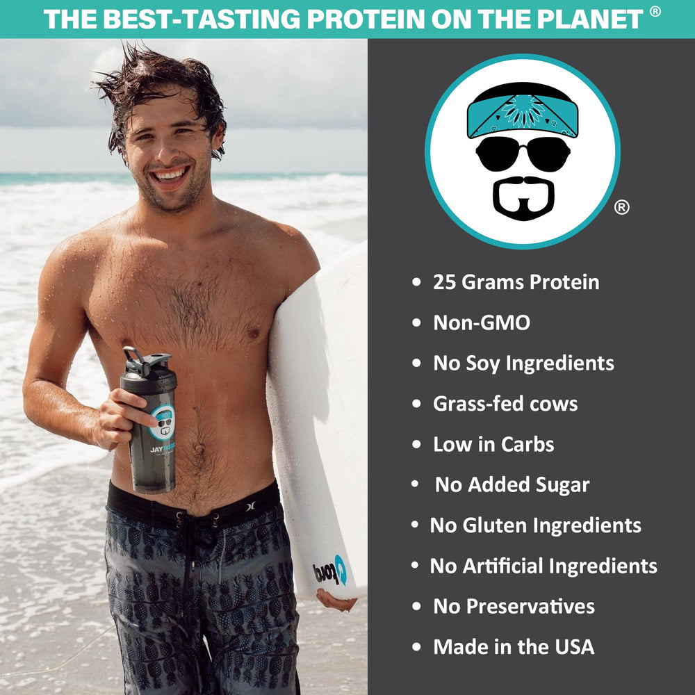 JAYROBB vanilla whey protein scoop showcases convenient serving for smoothies and recipes.