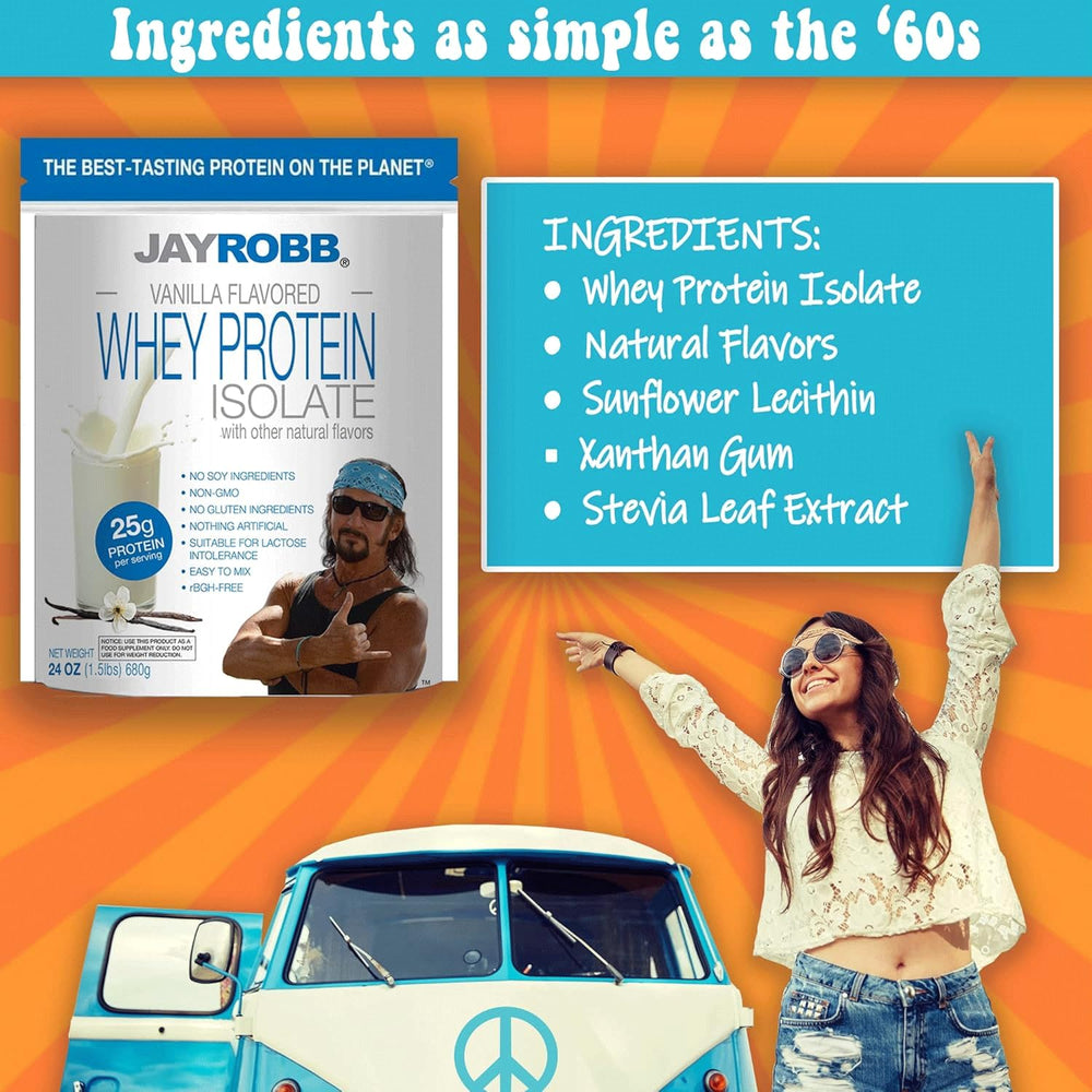 JAYROBB whey protein vanilla shake image suggests creamy texture and versatile daily shake mix.