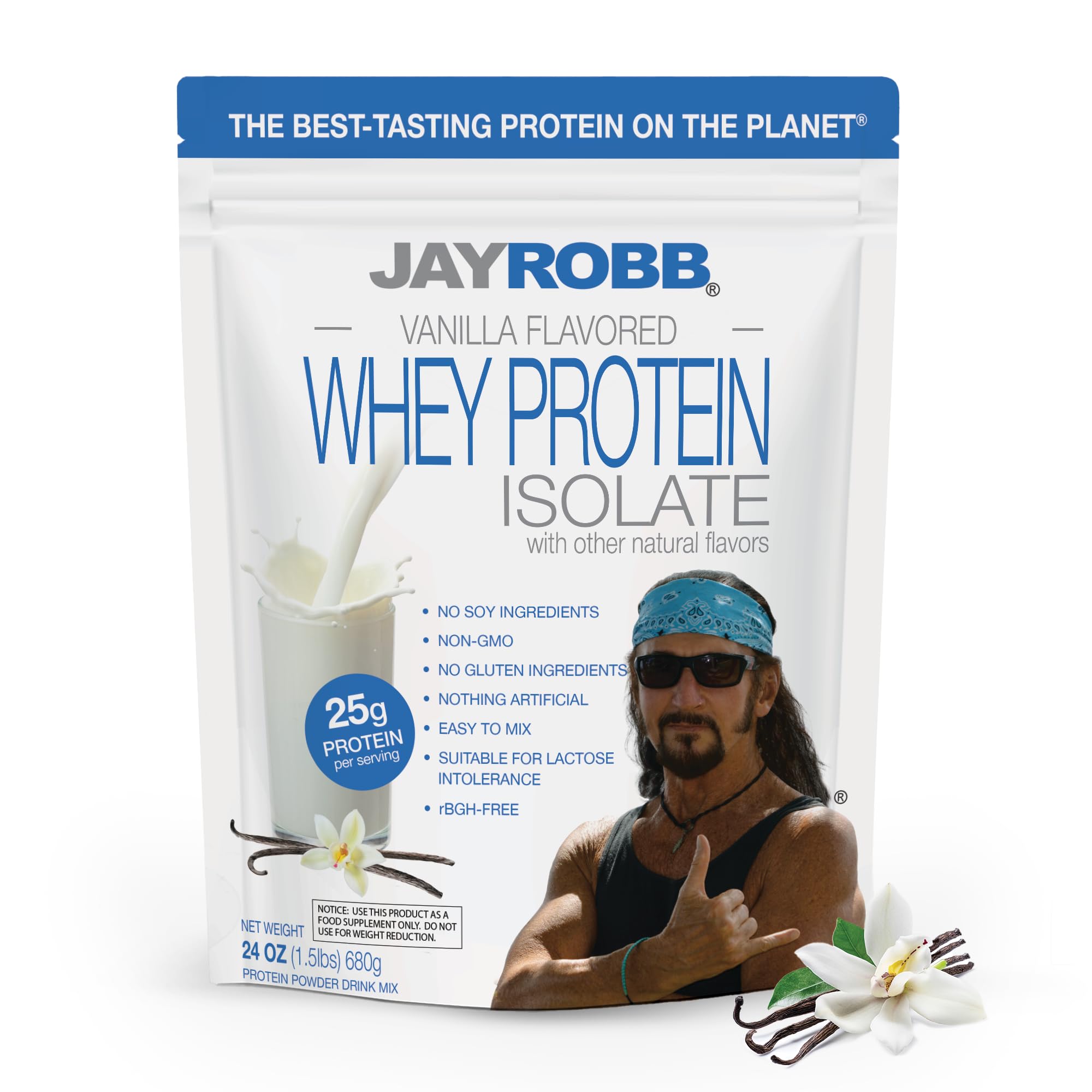 JAYROBB Whey Protein Vanilla tub front shows creamy powder for quick post-workout shakes.