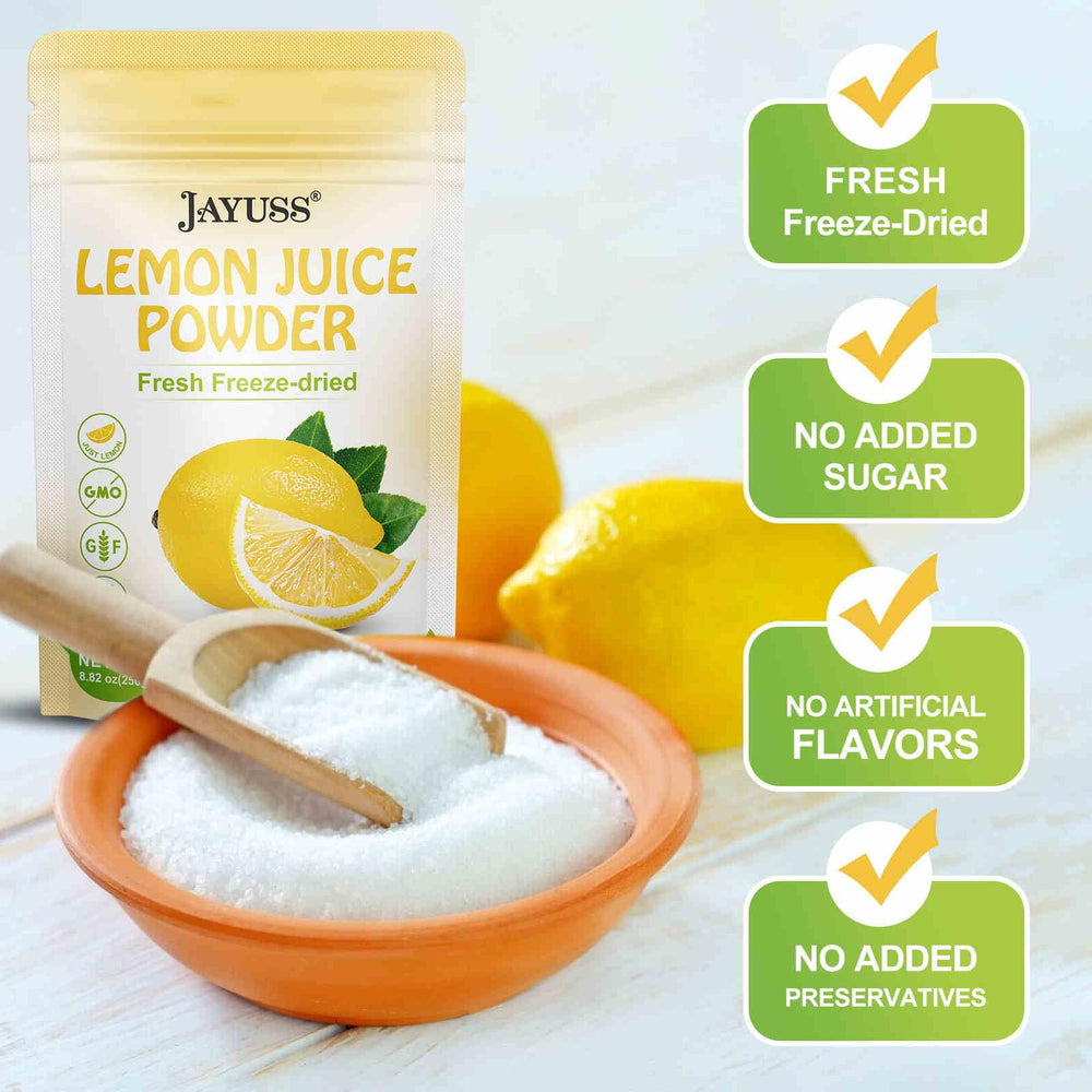 Jayuss Lemon Juice Powder dissolving in water for a fresh lemon taste