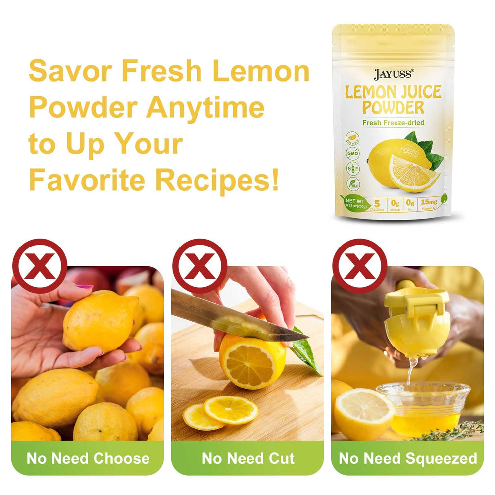 Jayuss Lemon Juice Powder with a glass of lemonade highlighting natural flavor