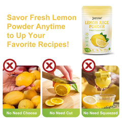 Jayuss Lemon Juice Powder with a glass of lemonade highlighting natural flavor