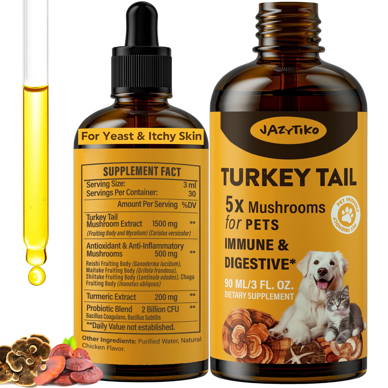 Jazytiko Turkey Tail Dog Drop bottle supports easy daily dosing and immune support.