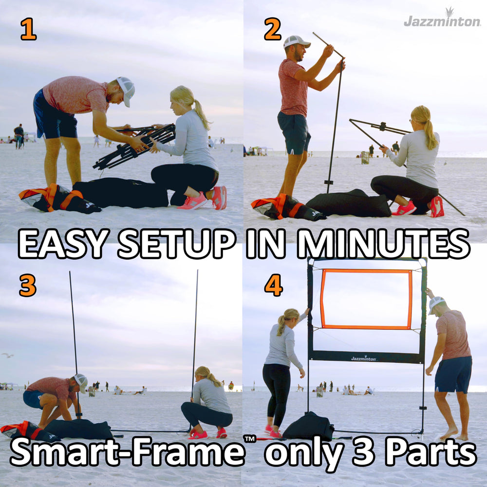 Jazzminton Sport quick-assembly image shows fast setup and rust-resistant frame
