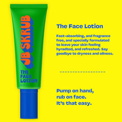 JB SKRUB The Face Lotion display features aloe, chia and willowherb for hydration.
