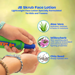 JB SKRUB The Face Lotion jar highlights oil-control for balanced teen skin.