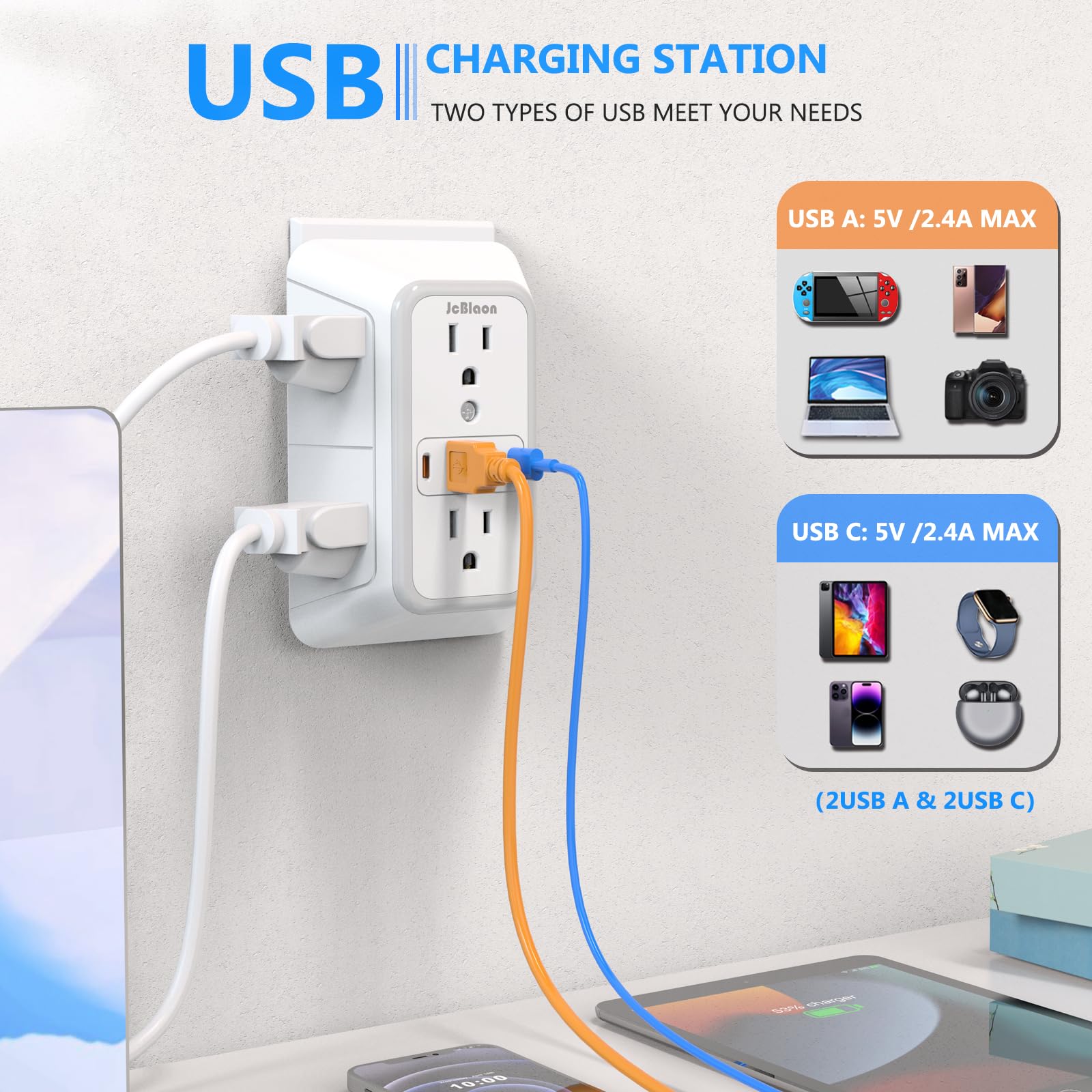 JcBlaon USB-C fast-charge port delivers quick power to compatible devices.