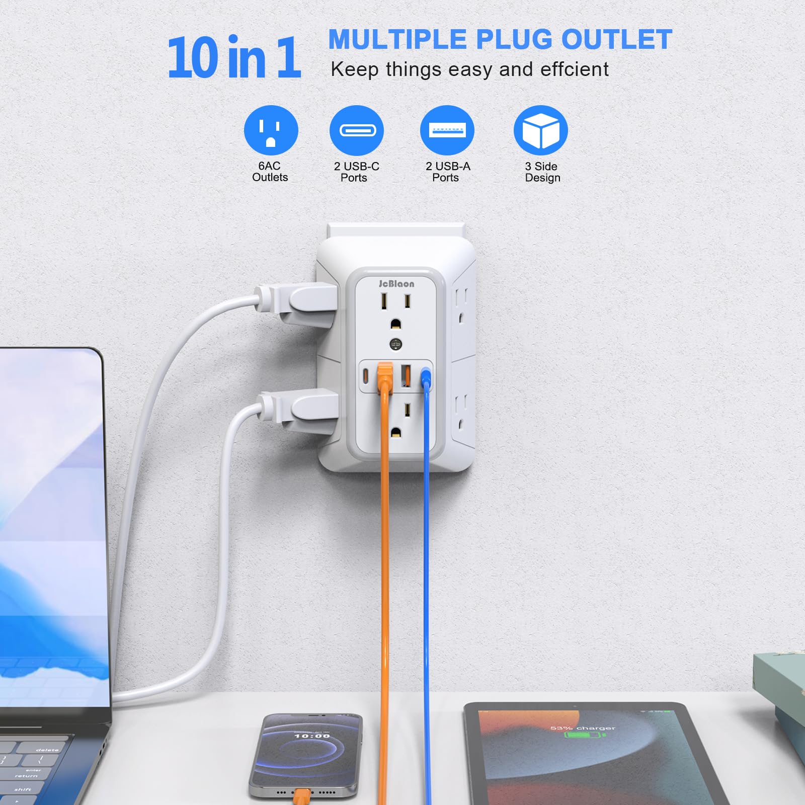 JcBlaon four USB ports enable multi-device charging for desks and nightstands.