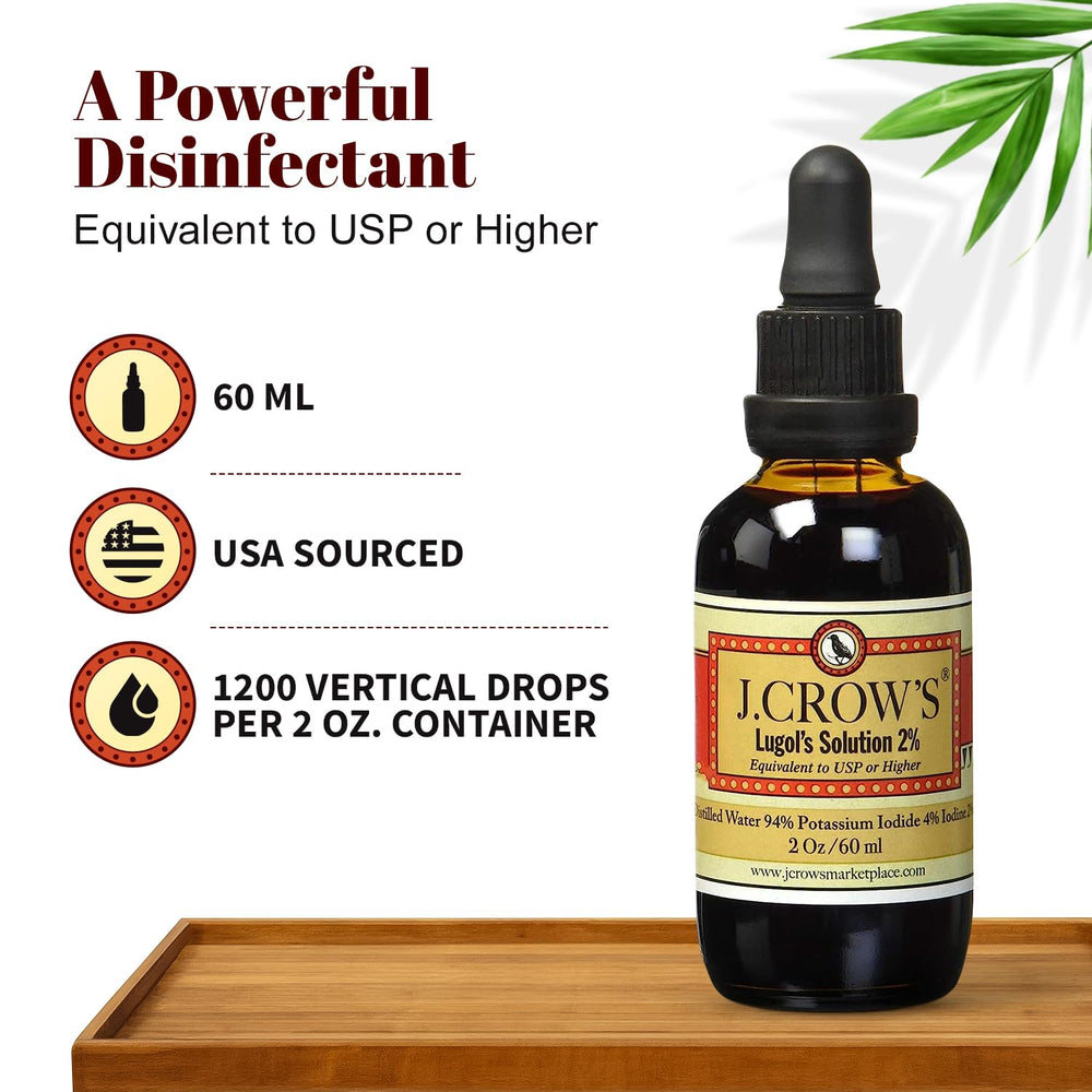 J. CROW'S Lugol's iodine 2% dropper enables precise dosing.