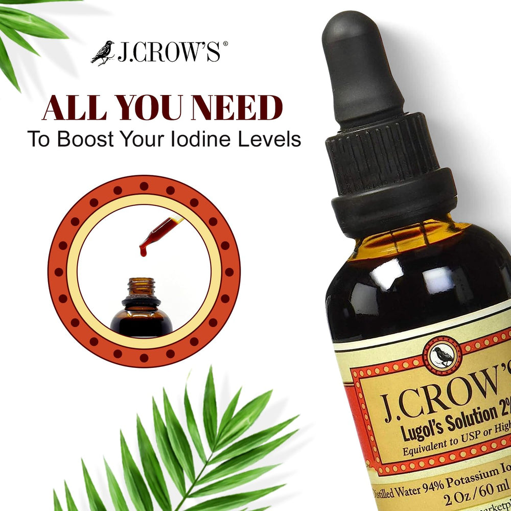 Close-up of J. CROW'S Lugol's iodine 2% liquid in glass bottle.