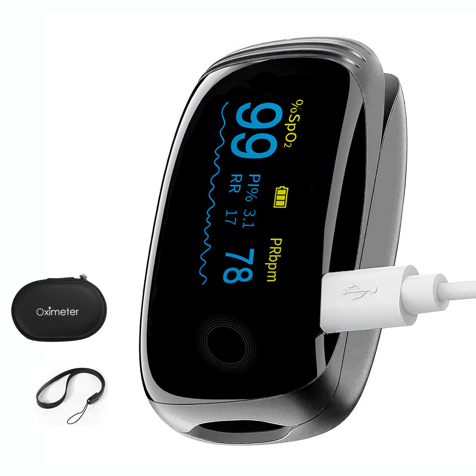 JDBBGJ rechargeable oximeter front view for fast readings outdoors