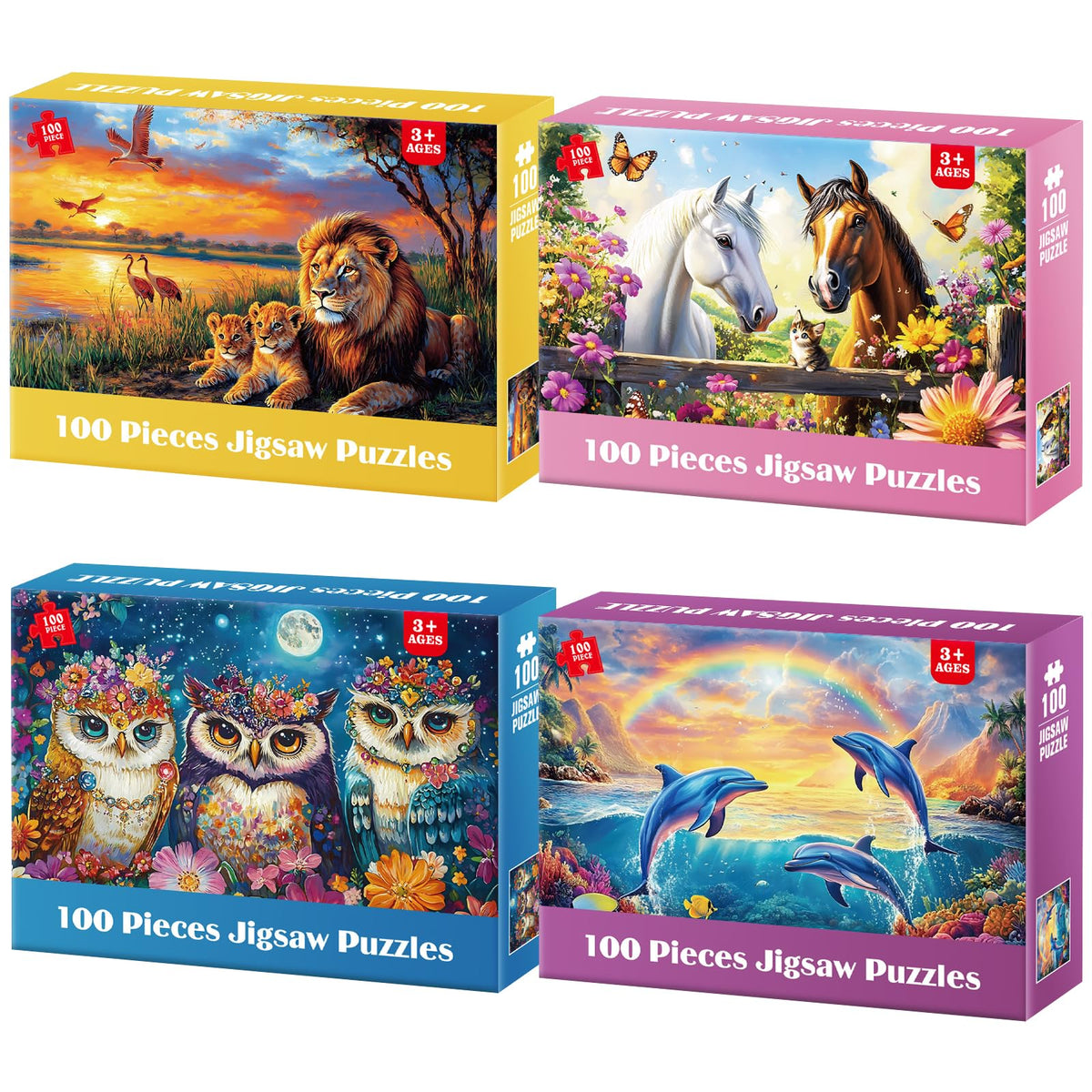 Jeacirio 4-pack puzzle: lions family image; stimulates imagination and teamwork.