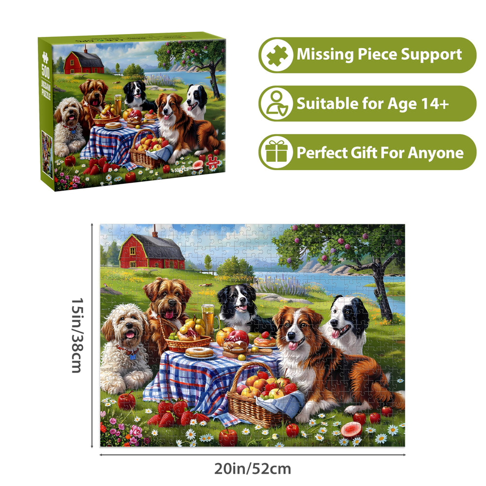 Jeacirio dogs picnic donuts fruit scene, ideal for relaxed family puzzle time.