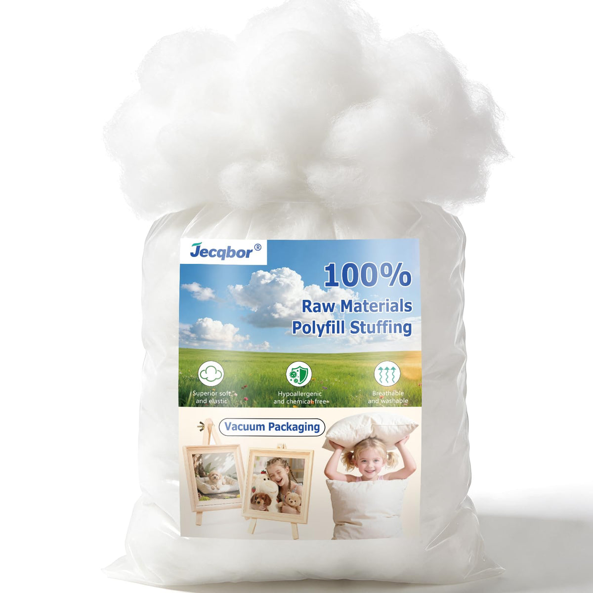 Jecqbor 80oz polyfill packaging shows clean, odorless stuffing for safe crafts.