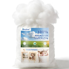 Jecqbor 80oz polyfill packaging shows clean, odorless stuffing for safe crafts.