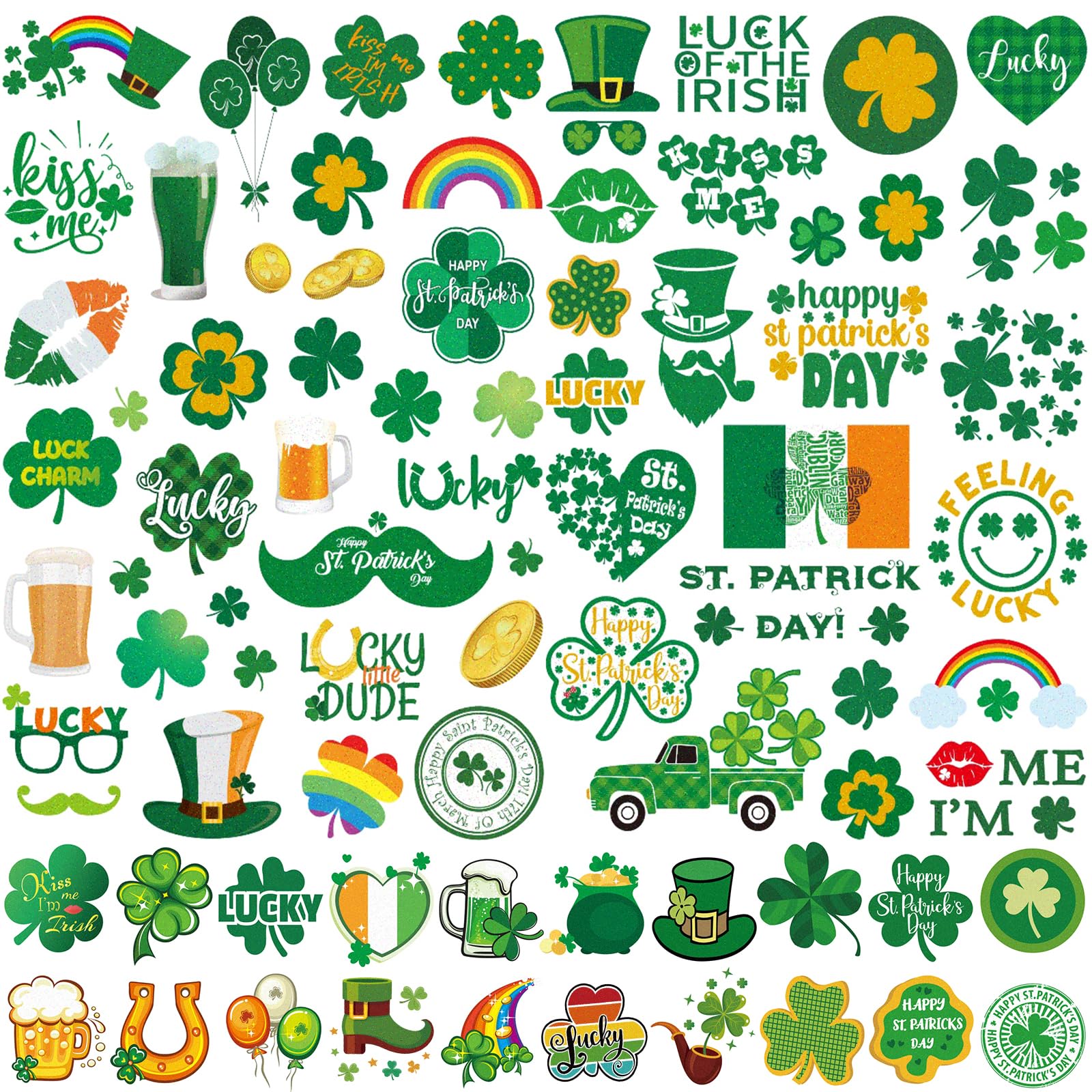 JEEFONNA glitter St Patrick's Day tattoos in a large half-arm sleeve design for bold festival looks.