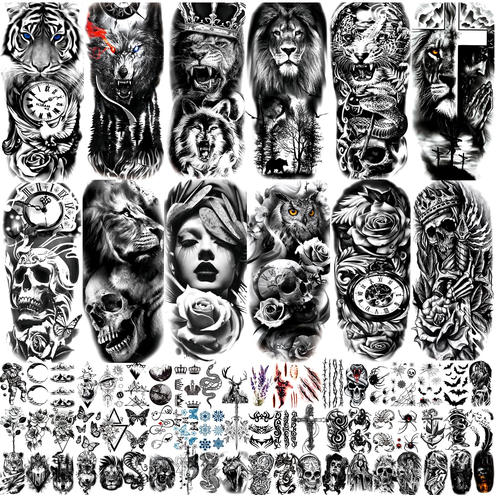 JEEFONNA lion-wolf-tiger tattoo sheets for bold body art at events.