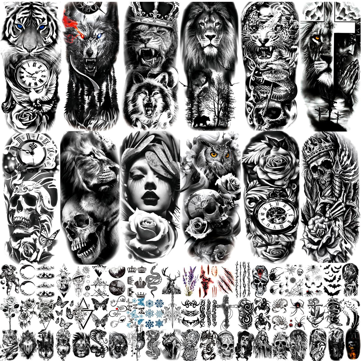 JEEFONNA lion-wolf-tiger tattoo sheets for bold body art at events.