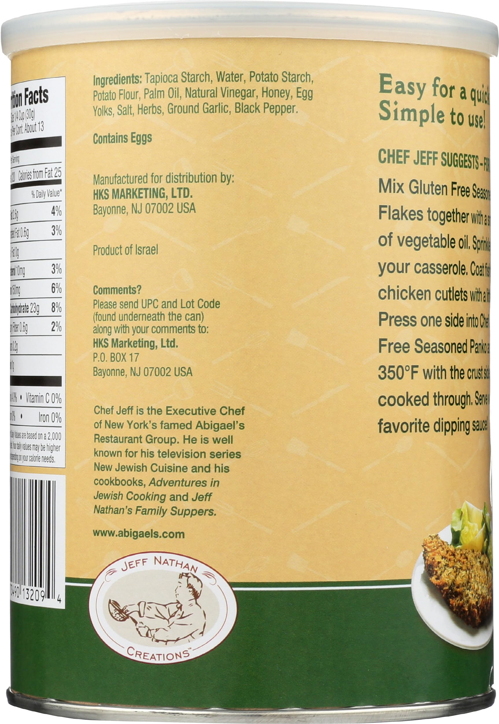 Jeff Nathan Creations seasoned panko flakes for quick chicken or fish coatings.