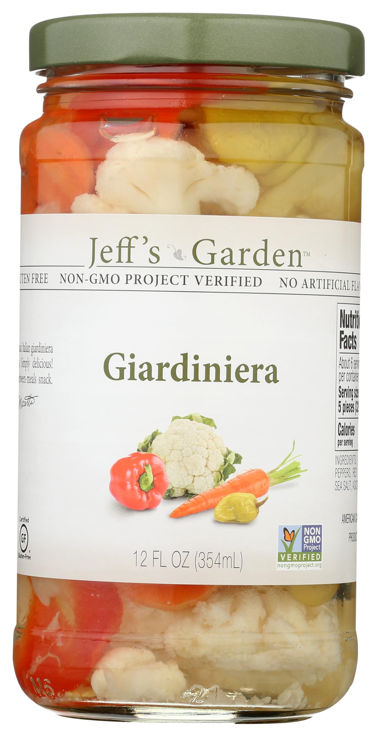 Jeff's Garden Giardiniera jar shows vibrant vegetables, great for snacks or sandwich toppings.