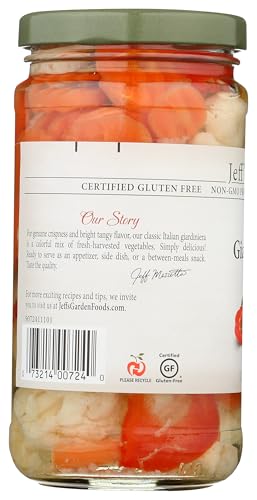 Jeff's Garden Giardiniera label notes no hydrogenated fats or HFCS.